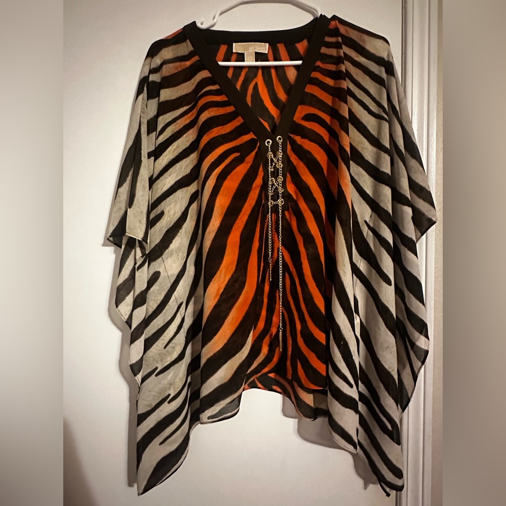Michael Michael Kors Tiger Print Sheer Poncho Top Gold Chain S/M